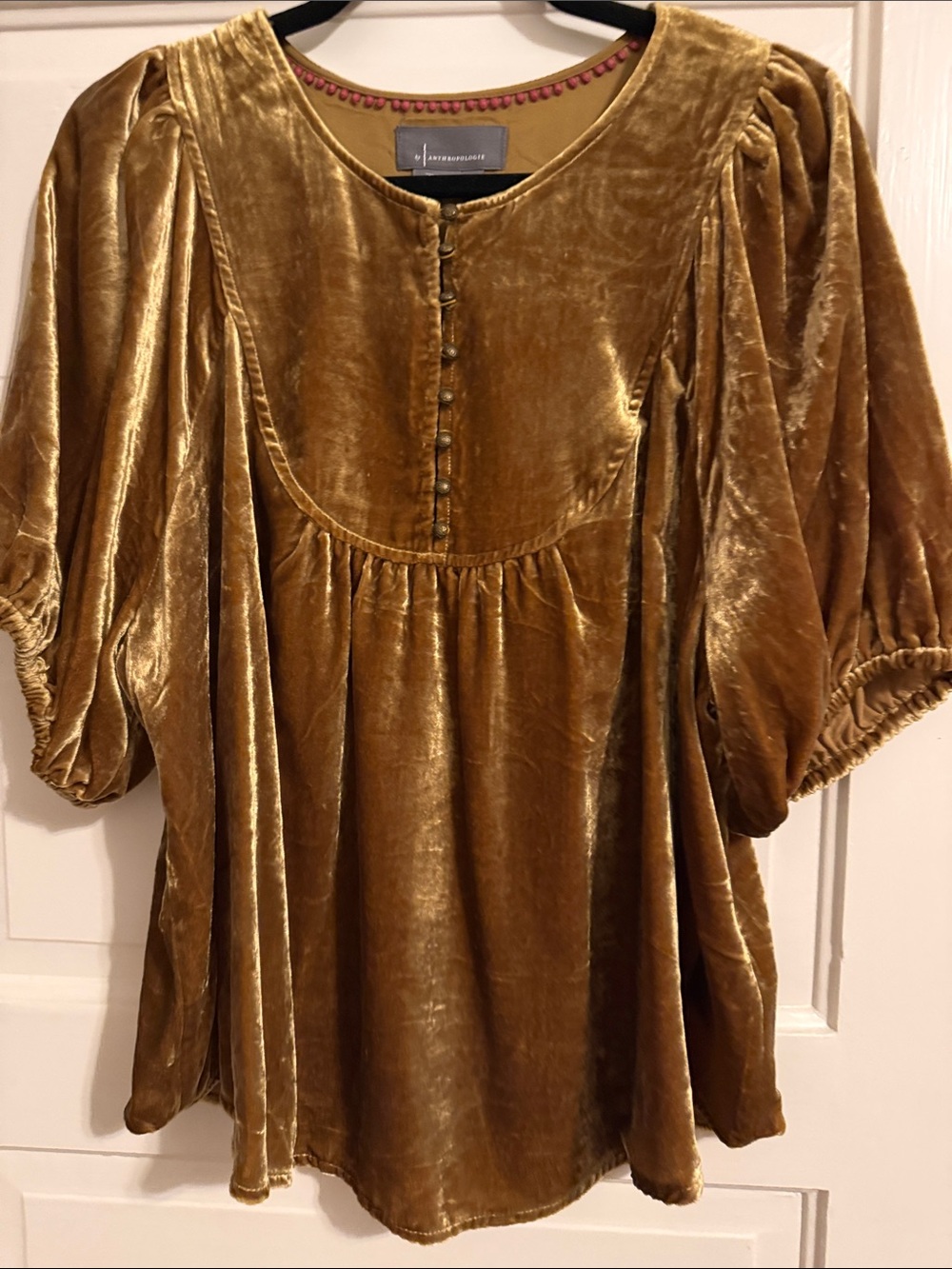 Anthropologie Velvet Henley Blouse in Golden Velvet - size L like new